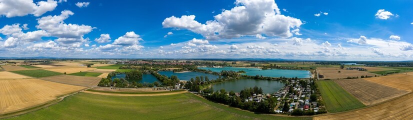 Panoramic view from above of a local recreation area in Hessisch Ried / Germany 