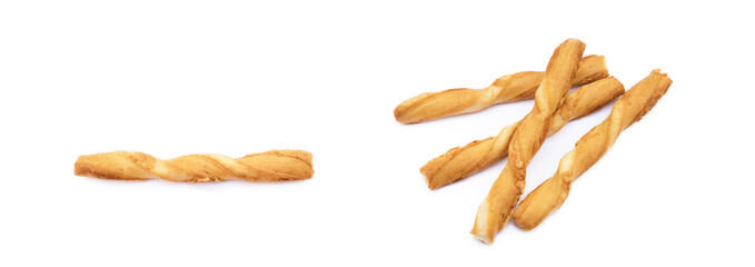 Spiral bread sticks with cheese on a white background