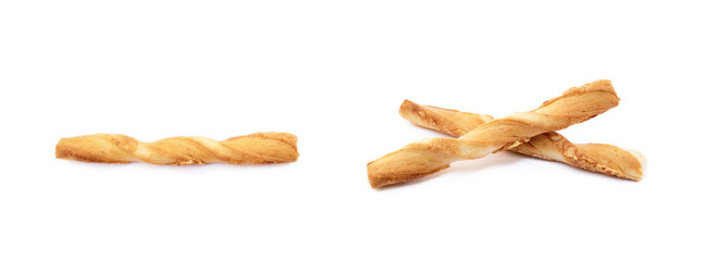 Spiral bread sticks with cheese on a white background