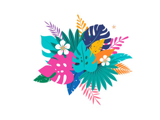 Obraz premium Summer time fun concept design. Creative background of landscape, panorama of jungle leaves and toucan. Summer sale, post template