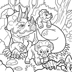 cartoon cute triceratops dinosaurs, coloring page, outline illustration