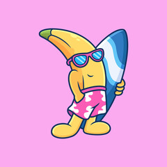 Obraz na płótnie Canvas Banana bring Surfboard with Cool Pose. Fruit Summer Vector Icon Illustration, Isolated on Premium Vector