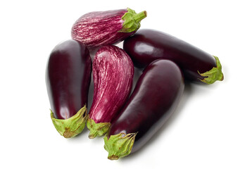 Pile of five eggplants isolated on white background