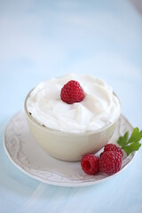 Small Bowl of White Yogurt on Plate with Fresh Raspberries and Green Garnish