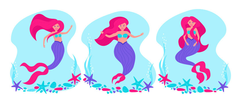 Set of bright mermaids in a flat style. The hero of fairy tales for the design of children's products. Neon bright colors. Flat vector illustration.