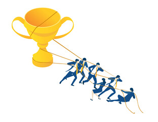 Business people pulling golden trophy. Isometric 3D business environment. Business management infographic. Isometric working space