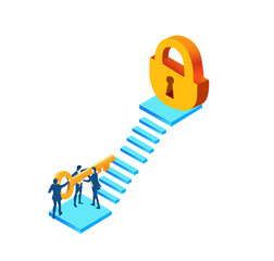 Business people, team try to open lock with golden key. Isometric 3D business environment. Business management infographic. Isometric working space