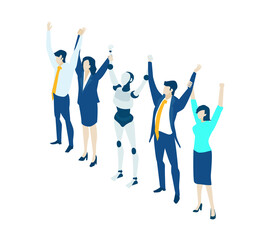 Isometric 3D business environment. Business management infographic. Isometric working space, business people working together with robots