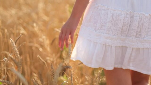 A young girl in a white dress happily walks in slow motion across a yellow field, touching the ears of wheat with her hands. A woman's hand goes through a wheat field.Beautiful carefree woman enjoying