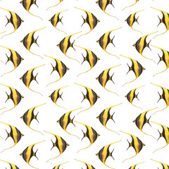 Watercolor hand drawn pattern ocean yellow fish.