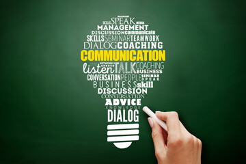 COMMUNICATION light bulb word cloud collage, business concept on blackboard