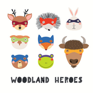 Cute woodland animal superheroes faces in masks collection, isolated on white. Hand drawn vector illustration. Scandinavian style flat design. Concept for kids fashion, textile print, poster, card.