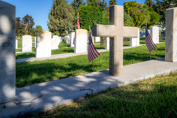 Military Headstones and Gravestones Decorated With Flags for Memorial Day