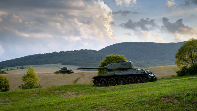 Soviet medium tank T-34 85 in the Valley of Death (Udolie smrti) - WWII battle area (the Battle of the Dukla Pass). Slovakia - Svidnik region - between the villages Kapi&scaron;ov&aacute;, Kružľov&aacute; and Nižn&aacute; Pisana