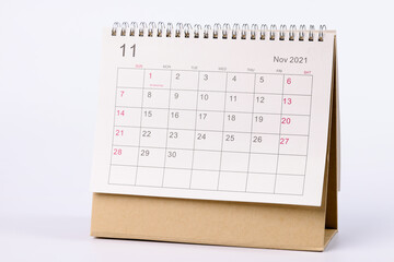 Calendar for November 2021 is on table closeup