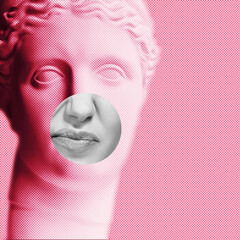 Contemporary collage of plaster statue head in pop art style tinted pink and emotional fashion...