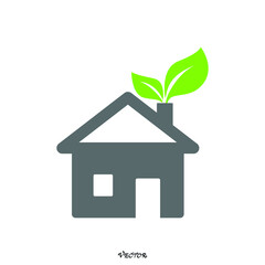 eco home icon. eco friendly building symbol. plant leaf and house. vector green color image in flat style