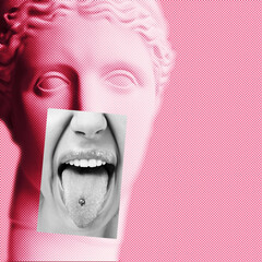Contemporary collage of plaster statue head in pop art style tinted pink and emotional fashion young woman shows tongue with piercings