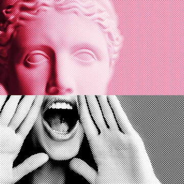 Contemporary collage of plaster statue head in pop art style tinted pink and emotional fashion young woman screaming like in megaphone holding hands near her face with open mouth.