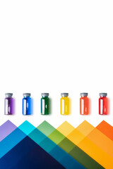 glass vials with rainbow coloured liquid isolated on white background and multicoloured triangles.Vaccine concept and covid. copy space. vertical image.