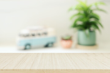 empty table board and defocused indoor background. product display concept