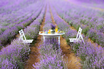 White wooden table served with delicious croissants, glasses of orange juice, honey jar and fresh...