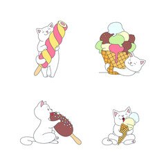 Happy cat with an ice cream set. Cute illustrations of a white cat enjoying an ice cream isolated on a white background. Vector 10 EPS.