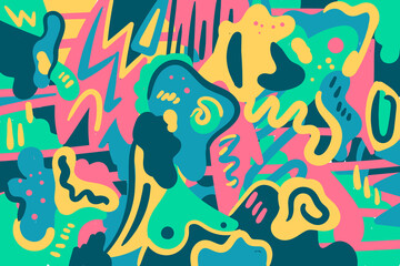 Abstract horizontal doodle background. Cartoon funny elements, blots and lines. Fantasy sketches and strokes, dots and strange geomeric shapes.