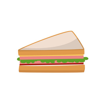 Cartoon sandwich with ham, cheese, sause and salad. Flat vector illustration isolated on white background