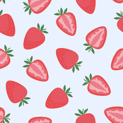 Strawberry, whole and cut berries. Seamless pattern. Flat vector illustration. Texture for print, fabric, textile, wallpaper.
