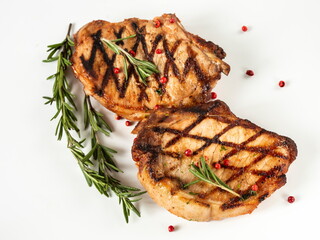  Home cooking grilled meat. Perfectly seasoned, juicy, delicious grilled pork chops with strips sprinkled with fresh coriander