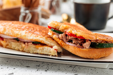 Fresh grilled tuna panini on a light background