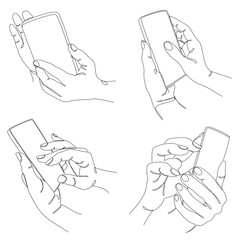 Collection. Silhouettes of human hands with a telephone in a modern one line style. Continuous line drawing, contour for decor, posters, wall art, stickers, logo. Vector illustration set.