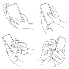 Collection. Silhouettes of human hands with a telephone in a modern one line style. Continuous line drawing, contour for decor, posters, wall art, stickers, logo. Vector illustration set.