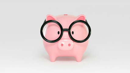 Pink piggy bank toy wear eyeglasses isolated white background. Minimal money saving concept of cash deposit investment or financial planning advisor banking business for retirement. 3D, clipping path.