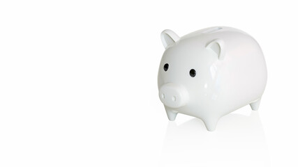 White ceramic shiny glass empty piggy bank money box toy of cash coin currency saving for future financial accounting deposit income earning investment on isolated white background. 3d, clipping path.