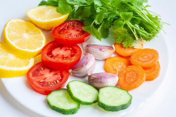 Summer menu, a plate of vegetables on a white background