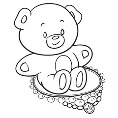 concept, sketch of a toy bear sitting in the center of a necklace, coloring book, illustration cartoon, isolated object on a white background, vector. eps