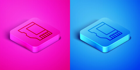 Isometric line SD card icon isolated on pink and blue background. Memory card. Adapter icon. Square button. Vector