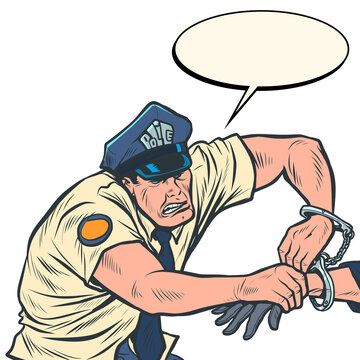 Policeman puts handcuffs, arrest