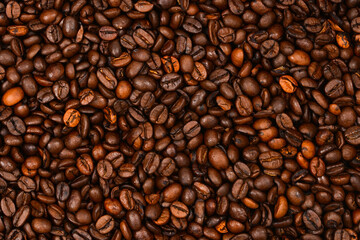 Coffee beans background. Top view. Coffee beans texture.