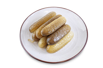 Pickled cucumbers with dill and garlic slices on a white isolated background