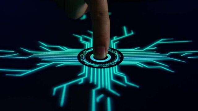 Human Finger Pushes Touch Digital Power Button With Futuristic Artificial Intelligence Spreading Through Internet. Visualization Of Machine Learning, Computer Technology, Neural Network
