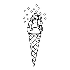 Ice cream in a waffle cup with bubbles on a white background, doodle.Vector dessert can be used in menus,textiles, and postcards.