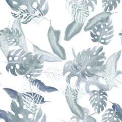 Black Seamless Design. Blue Watercolor Background. Gray Pattern Painting. Tropical Design Floral Painting. Summer Design Nature Illustration. White Vintage Jungle.