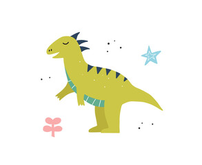 Hand drawn dinosaur. Cute green dino. Vector illustration.
