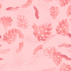 Pink Monstera Pattern Texture. White Seamless Decor. Coral Watercolor Decor. Tropical Set. Floral Texture. Summer Decor. Vintage Background. Art Foliage.