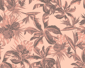 Pink Monstera Design. Gray Watercolor Design. Banana Leaf Painting. Seamless Garden. Pattern Palm. Tropical Set. Vintage Textile. Botanical Garden.
