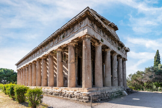 Athens, Attica, Greece. The Temple of Hephaestus or Hephaistos (also Hephesteum or Hephaisteion) is an ancient greek temple at the archaeological site of Agora of Athens in Theseion under Acropolis