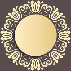 Round vector frame with floral elements and arabesques. Pattern with golden arabesques. Golden greeting card